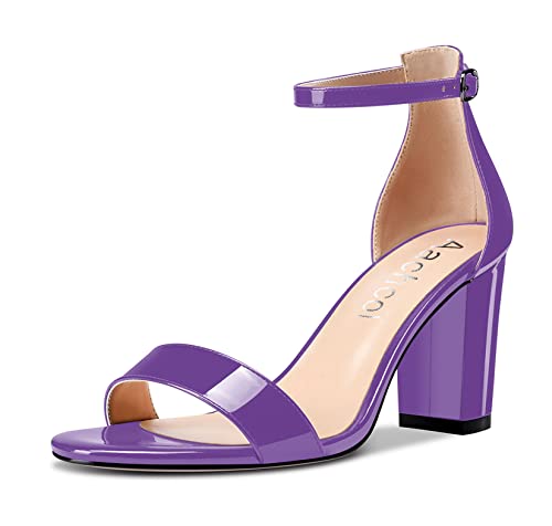 Aachcol Damen Sandalen Peep Open Zehenkappe Knöchelriemen Chunky Blockabsatz Mittlerem Absatz Heel Schuhe Party Violett Lackleder 8.5 CM 39 EU von Aachcol
