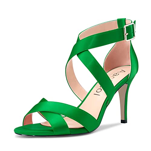 Aachcol Damen Sandalen Peep Open Zehenkappe Knöchelriemen Stiletto Hoher High Absatz Heel Dress Schuhe Pumps Büroschuhe Hochzeit Satin Grün 8 CM 44 EU von Aachcol