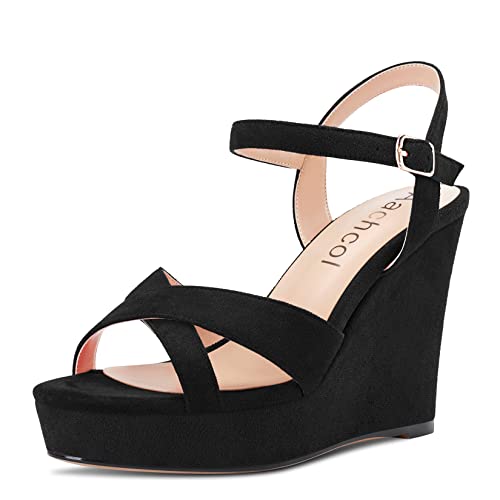 Aachcol Damen Sandalen Plateau Plattform Keilabsatz Peep Open Zehenkappe Knöchelriemen Slingback Chunky Blockabsatz Hoher High Absatz Heel Dress Schuhe Wildleder Schwarz 10 CM 37 EU von Aachcol