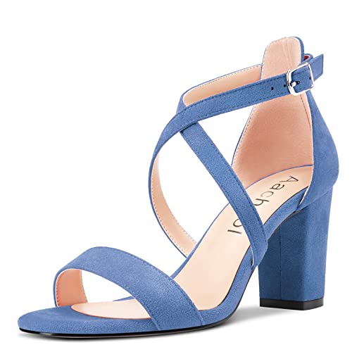 Aachcol Damen Sandalen Runde Peep Open Zehenkappe Knöchelriemen Chunky Blockabsatz Mittlerem Absatz Heel Dress Schuhe Wildleder Hochzeit Einkaufen Hellblau 8 CM 37 EU von Aachcol