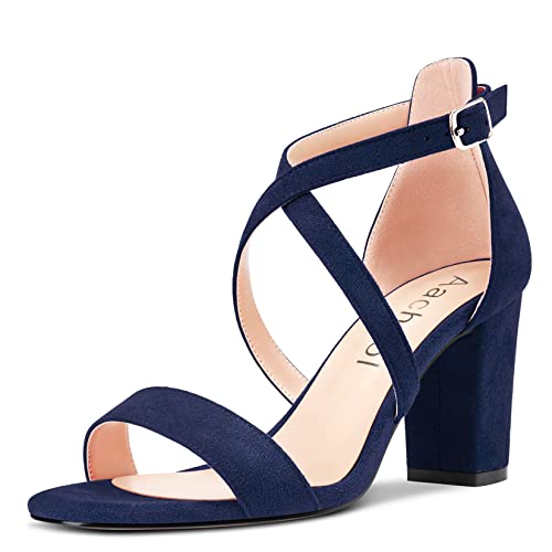 Aachcol Damen Sandalen Runde Peep Open Zehenkappe Knöchelriemen Chunky Blockabsatz Mittlerem Absatz Heel Dress Schuhe Wildleder Hochzeit Einkaufen Marineblau 8 CM 38 EU von Aachcol