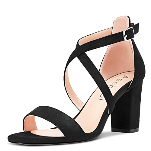 Aachcol Damen Sandalen Runde Peep Open Zehenkappe Knöchelriemen Chunky Blockabsatz Mittlerem Absatz Heel Dress Schuhe Wildleder Hochzeit Einkaufen Schwarz 8 CM 39 EU von Aachcol