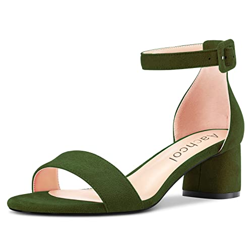 Aachcol Damen Sandalen Runde Peep Open Zehenkappe Knöchelriemen Chunky Blockabsatz Mittlerem Niedrige Absatz Heel Dress Schuhe Wildleder Hochzeit Einkaufen Olive Grün 5 CM 41 EU von Aachcol