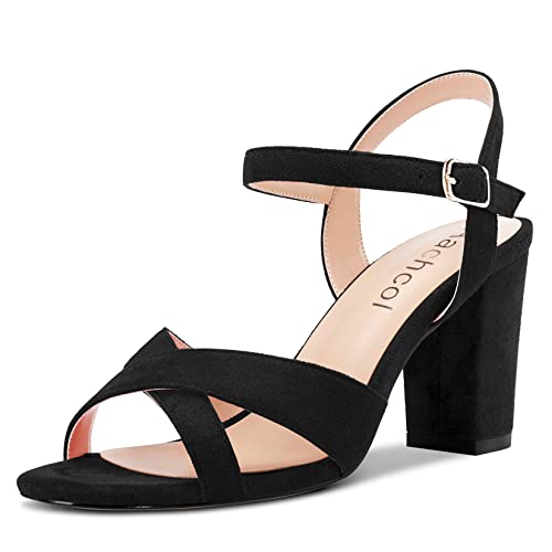 Aachcol Damen Sandalen Runde Peep Open Zehenkappe Knöchelriemen Slingback Chunky Blockabsatz Hoher High Absatz Heel Dress Schuhe Wildleder Hochzeit Einkaufen Schwarz 8 CM 35 EU von Aachcol