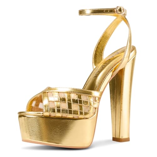 Aachcol Damen-Sandalen mit Blockabsatz, offener Zehenbereich, Knöchelriemen, Ballkleid, 15 cm, Gold, 40 EU von Aachcol