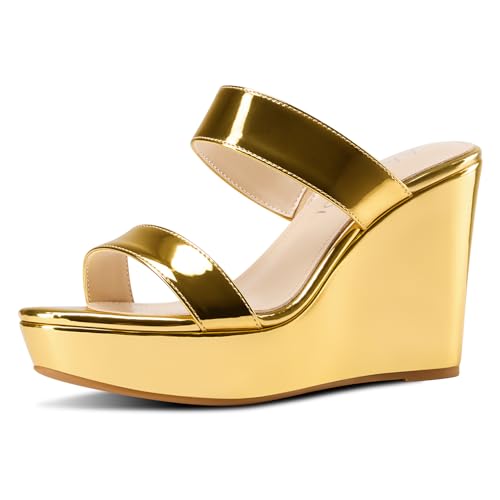 Aachcol Damen-Sandalen mit Keilabsatz, offener Zehenbereich, hoher Absatz, zwei Riemen, Keilabsatz, Pantoletten, Abschlussbälle, Sommerkleid, 9,9 cm Absätze, Gold, 38.5 EU Aachcol Damen-Sandalen mit Keilabsatz, offener Zehenbereich, hoher Absatz, zwei Riemen, Keilabsatz, Pantoletten, Abschlussbälle, Sommerkleid, 9,9 cm Absätze, Gold, 38.5 EU von Aachcol