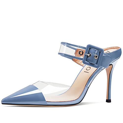 Aachcol Damen Sexy Clear Slingback Knöchelriemen Stiletto Hoher High Absatz Heel Pumps Geschlossene Spitze Zehenkappe Dress Schuhe Party Hochzeit Lackleder Blau B 8 cm 39 EU von Aachcol