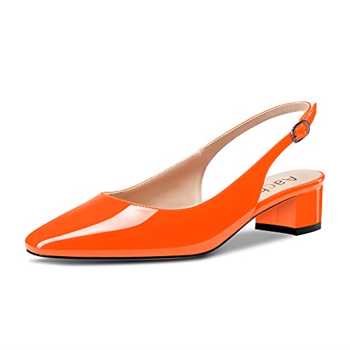 Aachcol Damen Slingback Chunky Blockabsatz Niedrige Absatz Heel Pumps Eckige Zehenkappe Knöchelriemen Sandalen Dress Schuhe Party Büroschuhe Hochzeit Orange Lackleder 3.5 cm 37 EU von Aachcol