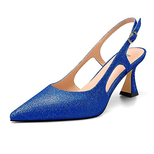 Aachcol Damen Slingback Mittlerem Stiletto Absatz Heel Spitze Zehenkappe Pumps Glitzer Dress Schnalle Knöchelriemen Abschlussball 6.5 cm Heels Königsblau 40 EU von Aachcol