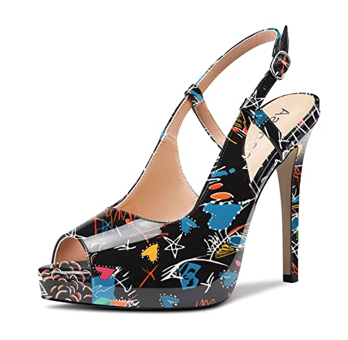 Aachcol Damen Slingback Plateau Plattform Sandalen Peep Open Zehenkappe Stiletto Hoher High Absatz Heel Knöchelriemen Dress Schuhe Hochzeit Party 12 CM Mehrfarbig E2 Lackleder 42 EU von Aachcol