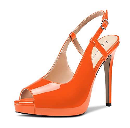 Aachcol Damen Slingback Plateau Plattform Sandalen Peep Open Zehenkappe Stiletto Hoher High Absatz Heel Knöchelriemen Dress Schuhe Hochzeit Party 12 CM Orange Lackleder 39 EU von Aachcol