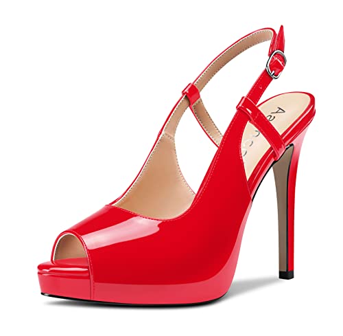 Aachcol Damen Slingback Plateau Plattform Sandalen Peep Open Zehenkappe Stiletto Hoher High Absatz Heel Knöchelriemen Dress Schuhe Hochzeit Party 12 CM Rot Lackleder 38 EU von Aachcol