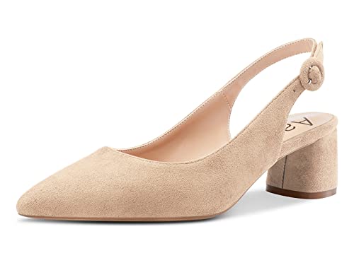 Aachcol Damen Slingback Pumps Chunky Blockabsatz Mittlerem Niedrige Absatz Heel Spitze Zehenkappe Knöchelriemen Hochzeit Büroschuhe Party Dress Schuhe Cute 5 cm Beige Wildleder 36 EU von Aachcol