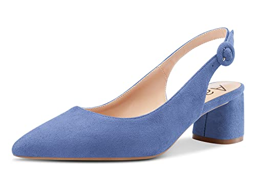 Aachcol Damen Slingback Pumps Chunky Blockabsatz Mittlerem Niedrige Absatz Heel Spitze Zehenkappe Knöchelriemen Hochzeit Büroschuhe Party Dress Schuhe Cute 5 cm Hellblau Wildleder 38 EU von Aachcol