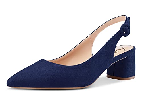 Aachcol Damen Slingback Pumps Chunky Blockabsatz Mittlerem Niedrige Absatz Heel Spitze Zehenkappe Knöchelriemen Hochzeit Büroschuhe Party Dress Schuhe Cute 5 cm Navy Blau Wildleder 42 EU von Aachcol