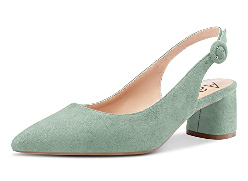 Aachcol Damen Slingback Pumps Chunky Blockabsatz Mittlerem Niedrige Absatz Heel Spitze Zehenkappe Knöchelriemen Hochzeit Büroschuhe Party Dress Schuhe Cute 5 cm Türkis Grün Wildleder 39 EU von Aachcol