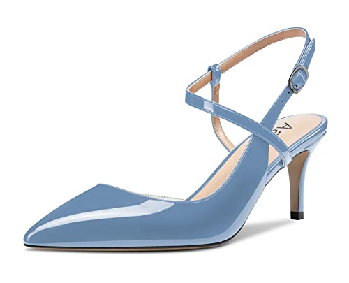Aachcol Damen Slingback Pumps Knöchelriemen Schuhe Stiletto Mittlerem Absatz Heel Geschlossene Spitze Zehenkappe Schuhe 6.5 cm Hellblau Lackleder 37 EU von Aachcol