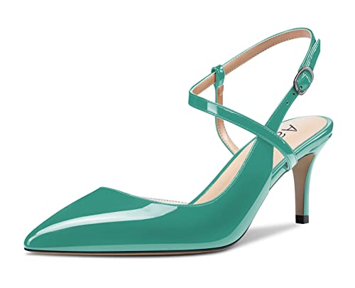 Aachcol Damen Slingback Pumps Knöchelriemen Schuhe Stiletto Mittlerem Absatz Heel Geschlossene Spitze Zehenkappe Schuhe 6.5 cm Smaragd Grün Lackleder 39 EU von Aachcol