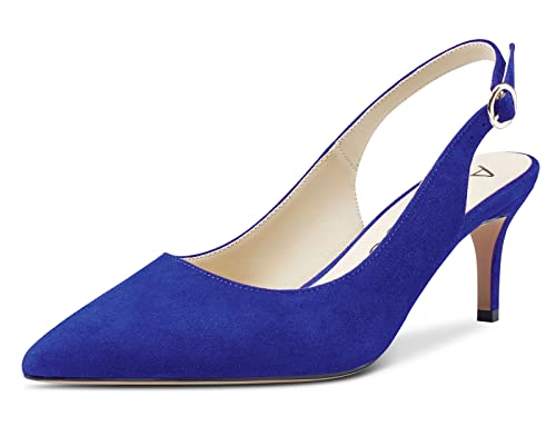 Aachcol Damen Slingback Pumps Stiletto Mittlerem Absatz Heel Spitze Zehenkappe Knöchelriemen Hochzeit Büroschuhe Party Dress Schuhe Sandalen 6 cm Blau Wildleder 35 EU von Aachcol