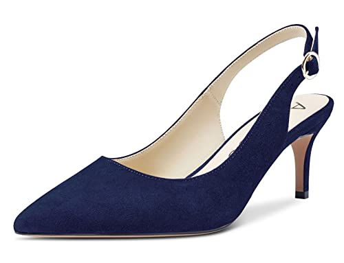 Aachcol Damen Slingback Pumps Stiletto Mittlerem Absatz Heel Spitze Zehenkappe Knöchelriemen Hochzeit Büroschuhe Party Dress Schuhe Sandalen 6 cm Navy Blau Wildleder 39 EU von Aachcol