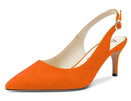 Aachcol Damen Slingback Pumps Stiletto Mittlerem Absatz Heel Spitze Zehenkappe Knöchelriemen Hochzeit Büroschuhe Party Dress Schuhe Sandalen 6 cm Orange Wildleder 36 EU von Aachcol