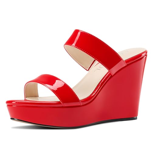 Aachcol Damen Slip-on Plateau Plattform Keilabsatz Sandalen Open Zehenkappe Hoher High Absatz Heel Keilabsatz Abschlussball Dress Schuhe 10 CM Heels Rot 42 EU von Aachcol