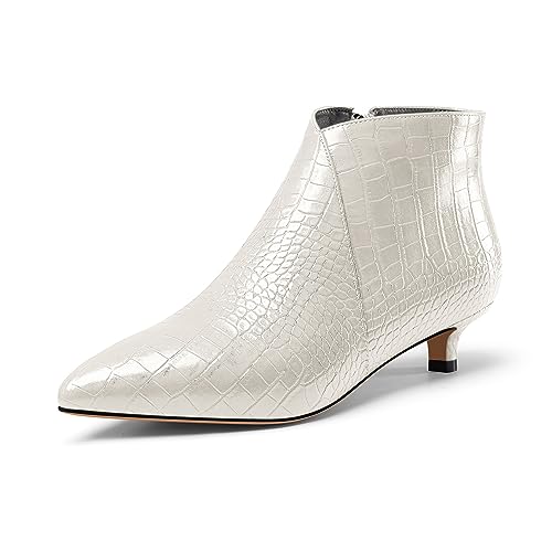 Aachcol Damen Spitze Zehenkappe Niedrige Kitten Absatz Heel Stiefeletten Reißverschluss Büroschuhe Dress Klassisch 3.5 CM Heels Weiß 41 EU von Aachcol