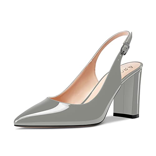 Aachcol Damen Spitze Zehenkappe Pumps Chunky Blockabsatz Mittlerem Absatz Heel Knöchelriemen Slingback Dress Schuhe Grau Lackleder 8.5 cm 41 EU von Aachcol