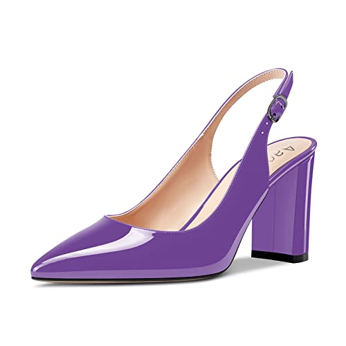 Aachcol Damen Spitze Zehenkappe Pumps Chunky Blockabsatz Mittlerem Absatz Heel Knöchelriemen Slingback Dress Schuhe Violett Lackleder 8.5 cm 39 EU von Aachcol