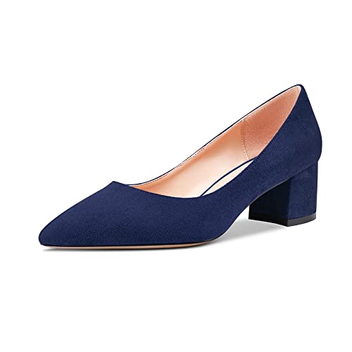 Aachcol Damen Spitze Zehenkappe Pumps Chunky Blockabsatz Mittlerem Absatz Heel Slip-on Dress Schuhe Büroschuhe Party Klassisch 5 cm Navy Blau Wildleder 38 EU von Aachcol