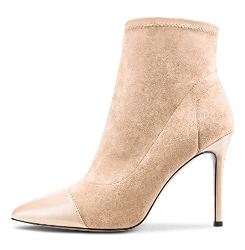 Aachcol Damen Stiefel Stiletto Hoher High Absatz Heel Spitze Zehenkappe Klassisch 10 CM Beige Wildleder 38 EU von Aachcol