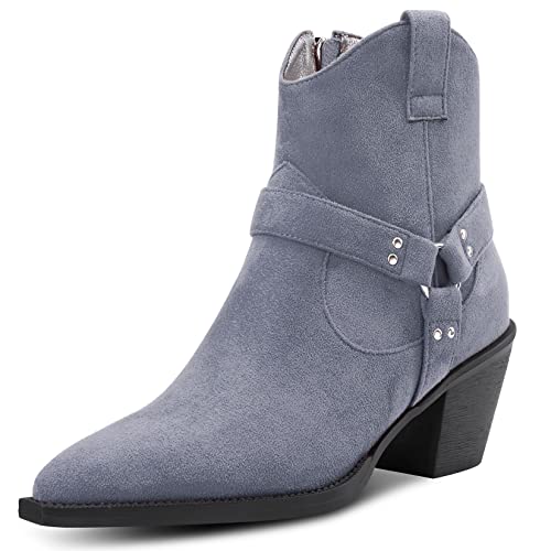 Aachcol Damen Stiefeletten Eckige Zehenkappe Niedrige Kitten Chunky Blockabsatz Absatz Heel Western Cowboy Wildleder Reißverschluss Dress Schuhe Grau 6.5 CM 42 EU von Aachcol