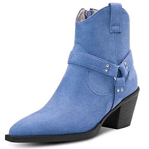 Aachcol Damen Stiefeletten Eckige Zehenkappe Niedrige Kitten Chunky Blockabsatz Absatz Heel Western Cowboy Wildleder Reißverschluss Dress Schuhe Hellblau 6.5 CM 42 EU von Aachcol