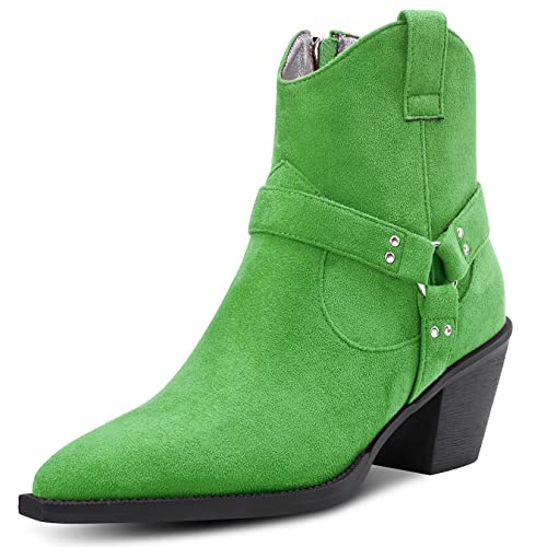 Aachcol Damen Stiefeletten Eckige Zehenkappe Niedrige Kitten Chunky Blockabsatz Absatz Heel Western Cowboy Wildleder Reißverschluss Dress Schuhe Hellgrün 6.5 CM 42 EU von Aachcol