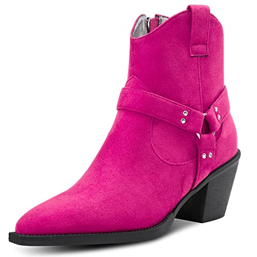 Aachcol Damen Stiefeletten Eckige Zehenkappe Niedrige Kitten Chunky Blockabsatz Absatz Heel Western Cowboy Wildleder Reißverschluss Dress Schuhe Magenta Rot B 6.5 CM 40 EU von Aachcol