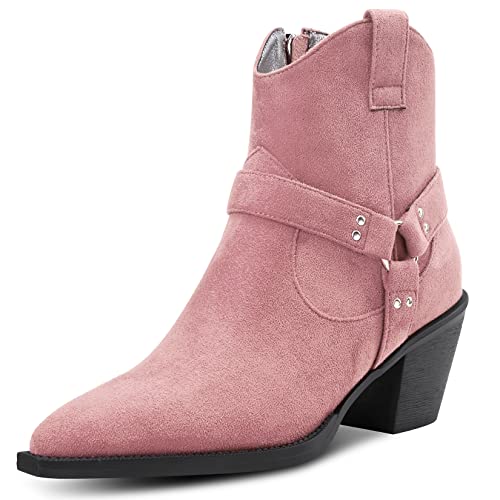 Aachcol Damen Stiefeletten Eckige Zehenkappe Niedrige Kitten Chunky Blockabsatz Absatz Heel Western Cowboy Wildleder Reißverschluss Dress Schuhe Rosa B 6.5 CM 39 EU von Aachcol