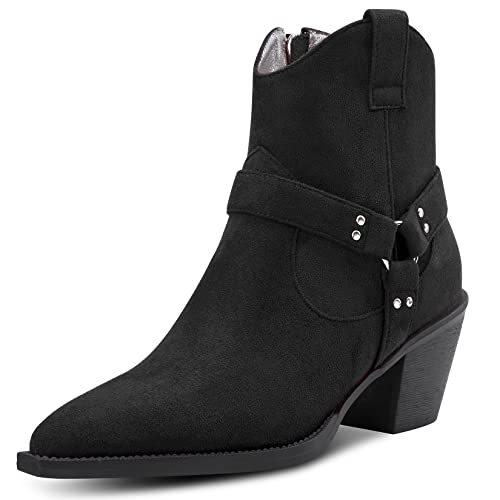 Aachcol Damen Stiefeletten Eckige Zehenkappe Niedrige Kitten Chunky Blockabsatz Absatz Heel Western Cowboy Wildleder Reißverschluss Dress Schuhe Schwarz 6.5 CM 41 EU von Aachcol