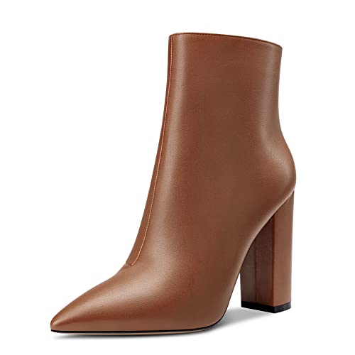 Aachcol Damen Stiefeletten Geschlossene Spitze Zehenkappe Chunky Blockabsatz Hoher High Absatz Heel Schuhe Matt Reißverschluss Braun 10 CM 44 EU von Aachcol
