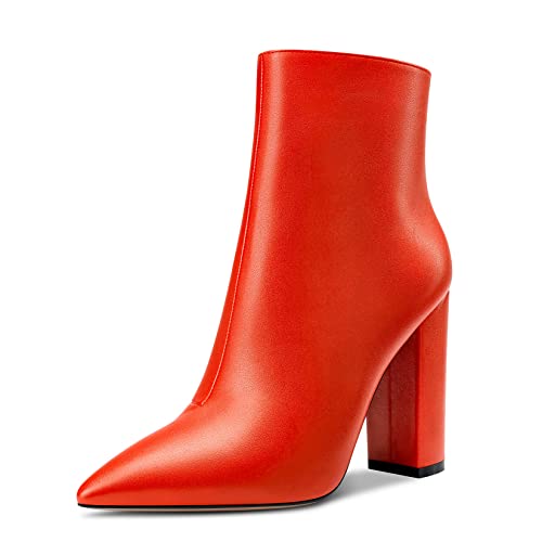 Aachcol Damen Stiefeletten Geschlossene Spitze Zehenkappe Chunky Blockabsatz Hoher High Absatz Heel Schuhe Matt Reißverschluss Orange 10 CM 40 EU von Aachcol