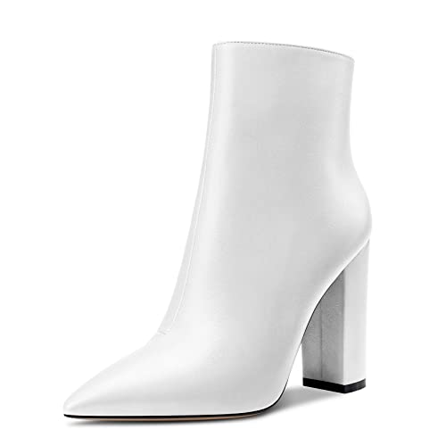 Aachcol Damen Stiefeletten Geschlossene Spitze Zehenkappe Chunky Blockabsatz Hoher High Absatz Heel Schuhe Matt Reißverschluss Weiß 10 CM 37 EU von Aachcol