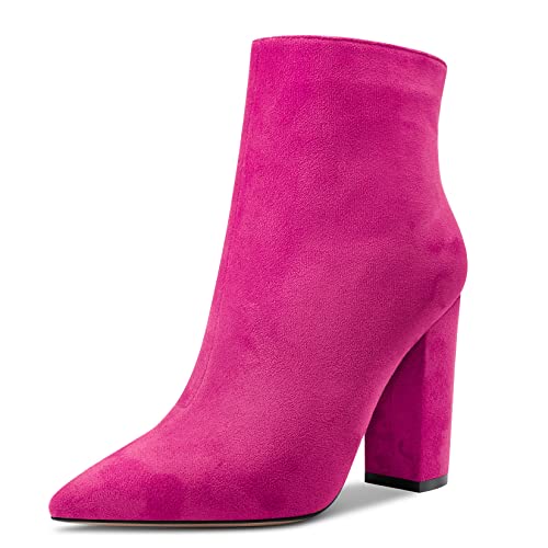 Aachcol Damen Stiefeletten Geschlossene Spitze Zehenkappe Slip-on Chunky Blockabsatz Hoher High Absatz Heel Wildleder Reißverschluss Magenta Rot B 10 CM 38 EU von Aachcol