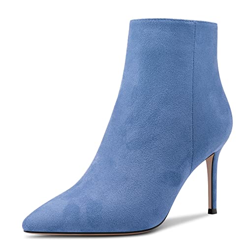 Aachcol Damen Stiefeletten Geschlossene Spitze Zehenkappe Slip-on Stiletto Hoher High Absatz Heel Wildleder Reißverschluss Hellblau 8.5 CM 39 EU von Aachcol