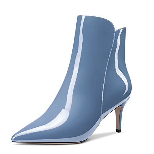 Aachcol Damen Stiefeletten Geschlossene Spitze Zehenkappe Slip-on Stiletto Mittlerem Absatz Heel Lackleder Reißverschluss Blau B 6 CM 38 EU von Aachcol