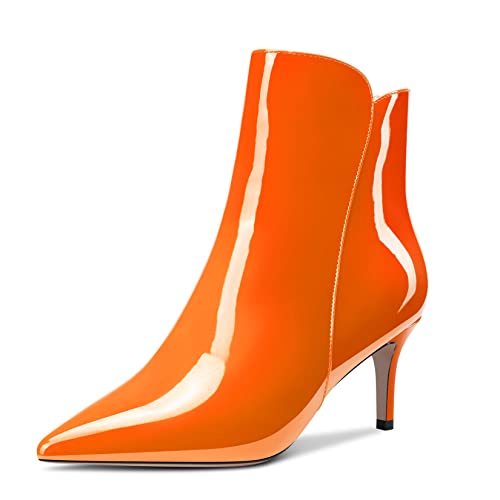 Aachcol Damen Stiefeletten Geschlossene Spitze Zehenkappe Slip-on Stiletto Mittlerem Absatz Heel Lackleder Reißverschluss Hellorange 6 CM 36 EU von Aachcol