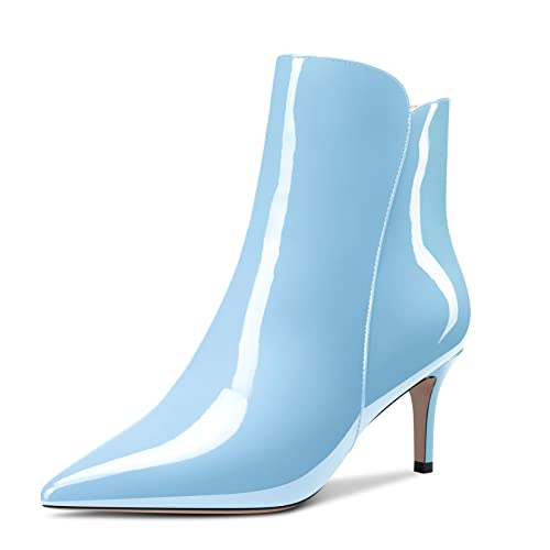 Aachcol Damen Stiefeletten Geschlossene Spitze Zehenkappe Slip-on Stiletto Mittlerem Absatz Heel Lackleder Reißverschluss Himmelblau 6 CM 36 EU von Aachcol