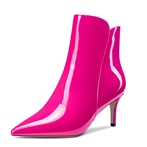 Aachcol Damen Stiefeletten Geschlossene Spitze Zehenkappe Slip-on Stiletto Mittlerem Absatz Heel Lackleder Reißverschluss Magenta Rot 6 CM 36 EU von Aachcol