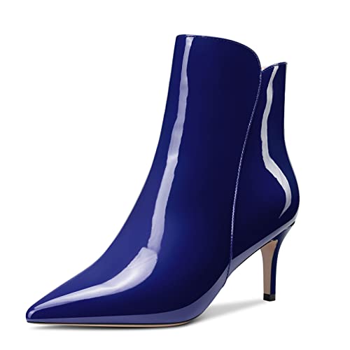 Aachcol Damen Stiefeletten Geschlossene Spitze Zehenkappe Slip-on Stiletto Mittlerem Absatz Heel Lackleder Reißverschluss Marineblau 6 CM 36 EU von Aachcol