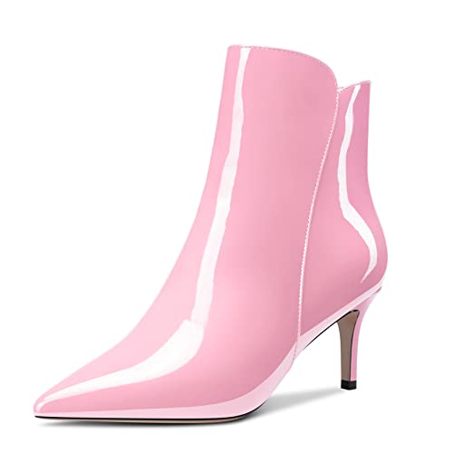 Aachcol Damen Stiefeletten Geschlossene Spitze Zehenkappe Slip-on Stiletto Mittlerem Absatz Heel Lackleder Reißverschluss Rosa 6 CM 36 EU von Aachcol