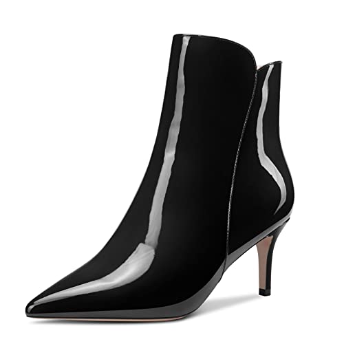 Aachcol Damen Stiefeletten Geschlossene Spitze Zehenkappe Slip-on Stiletto Mittlerem Absatz Heel Lackleder Reißverschluss Schwarz 6 CM 36 EU von Aachcol
