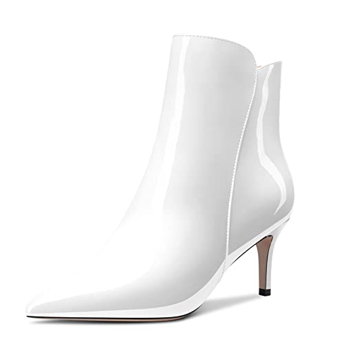 Aachcol Damen Stiefeletten Geschlossene Spitze Zehenkappe Slip-on Stiletto Mittlerem Absatz Heel Lackleder Reißverschluss Weiß 6 CM 36 EU von Aachcol